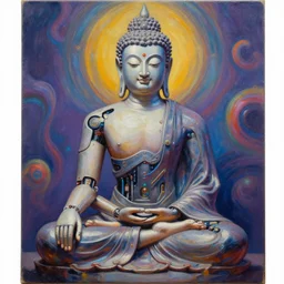 biomechanical buddha meditating, cyberpunk, psychedelic, realistic oil painting,