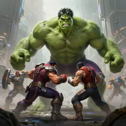 hyperrealism fantasy hulk army fight scene with characters from league of legends portrait, digital art, wallpaper of an fantasy fight, background of sci fi city in fog, diffused lighting, 8 k dop hdr