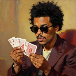 the weeknd wearing sunglasses and playing cards by dali, brown skin, classical painting, digital painting, romantic, vivid color, oil painting