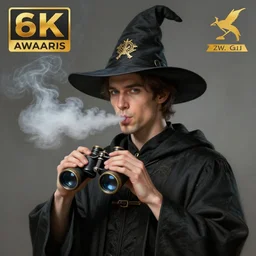 an anthropomorphic beautiful male scientist portrait blowing smoke wearing black hoodie robe, binocular, fine art, award winning, intricate, elegant, sharp focus, octane render, hyperrealistic, wizard hat cinematic lighting, highly detailed, digital painting, 8 k concept art, art by jamie hewlett and z. w. gu, masterpiece, trending on artstation, 8 k