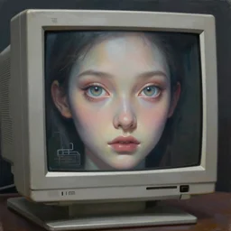 painting of an ancient crt pc housing a sentient ai, sharp focus, award - winning, beautiful eyes, perfect eyes, trending on artstation, masterpiece, highly detailed, intricate. art by josan gonzales and moebius and deathburger