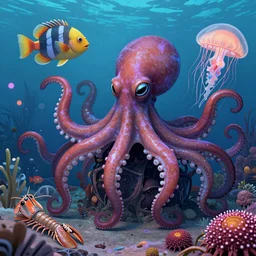 punk rock vampiric electrifying 80s party rockstar vampire octopus, angler fish, gulper eel, mantis shrimp, jellyfish and sea urchins conceptual character designs of various shapes and sizes by genndy tartakovsky and splatoon by nintendo and the psychonauts franchise by doublefine tim shafer artists for the new hotel transylvania film