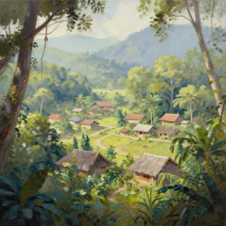 the village in a bright jungle, dramatic lighting, oil painting, pale colors, high detail, 8 k, wide angle, trending on artstation,