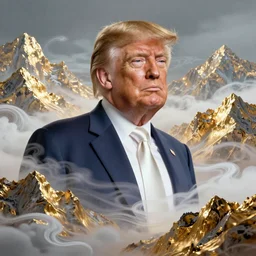 portrait of Trump in heaven, Iridescent glow, golden mountains of pearly swirls