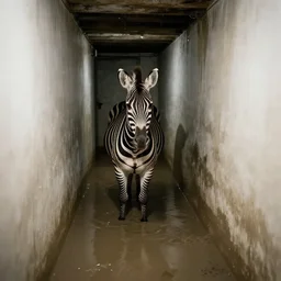a creepy zebra at the end of a flooded basement hallway. craiglist photo.