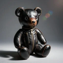 vintage analog product photography of a black leather teddybear, polished, sheen, 70s design, many zippers, studio lighting, film grain, lensflare, color bleed, glare