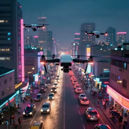 3 d vfx art of flying drones above - a neon lit - bustling lagos urban street - in nigeria, cinestill 8 0 0 t photograph, illustration style by philippe bouchet, unreal engine render, digital illustration, sharp, intricate detail, volumetric light, ray tracing, soft light, colourful, mike winkelmann surreal environment, first person view,