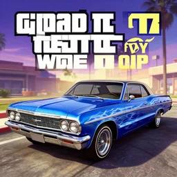 a 1967 lowrider that has blue paint with flames on it in the style of GTA V cover art, award winning, award winning shading, hyperdetailed, trending on artstation, masterpiece