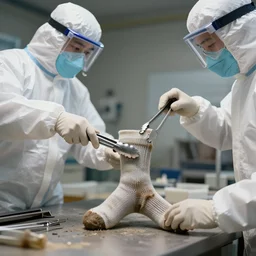 hazmat team removes crusty stained stiff sock using tongs taking photos, photorealistic, unreal engine