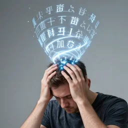 A man clutches his head as glowing words spiral out from his head.