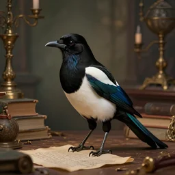faerie magpie in an alchemist's study. this matte painting by the award - winning concept artist has a beautiful composition, dramatic lighting and intricate details.