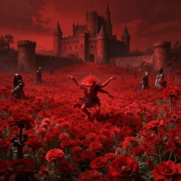 only with red, a red expanse of flowers of different types, castle in background, goblin dance over the flowers, in the style of beksinski, parts by edward hopper, parts by rodcenko, parts by yue minjun, intricate and epic composition, red by caravaggio, insanely quality, highly detailed, masterpiece, red light, artstation, 4 k