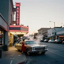 street view in america of market district at dawn. woman in red dress entering a cadillac parked outside a cinema, from 1 9 6 8, sevilla. scorsese, wes anderson, kodachrome, fred herzog. small steam from vents lit by neon signs. epic view. cinestill film tones, by chesley bonestell, vincent di fate