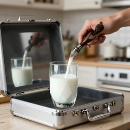 codesword holds a faceted glass with milk in one of the manipulators, realism, reflections, metal case, in the kitchen, in the style of fallout 4,