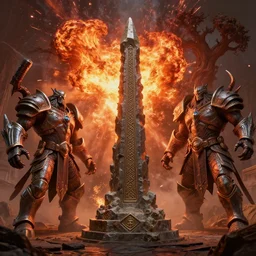 by beatriz bradaschii and danny ingrassia, visually stunning, cinematic, ultra realistic, hyper realism, 1 2 k, epic, octane render, unreal engine, vfx, maya, grave shambler : lesser mithril spellstone, unstable explosion : ogrimmar aspirant, brimstone warden : stone golem, geosculptor yip : master oakheart