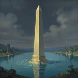 a painting of a magical obelisk in the middle of a lake, a detailed matte painting by tyler edlin, pixiv contest winner, fantasy art, concept art, trending on artstation hq