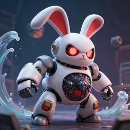 sideview of cute chubby dangerous angry 3 years old robots kids in epic battle pose ruling the world with  big glowing  red rabbit eyes and big giant oversized rabbit ears , big complex belly opening mechanism , epic moody studio light, wapor wave retro design trending on artstation by greg rutkowski