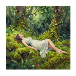 a beautiful painting of a female laying down in a green forest, dense moss, lovely vines, watercolors