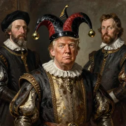 president donald trump as a historic court jester. fools hat with brass bells on it. medieval dirty and grimy noble. historic royal portrait from the elizabethan era. oil painting, highly detailed, centered, digital painting, artstation, concept art, smooth, sharp focus, illustration, artgerm, tomasz alen kopera, peter mohrbacher, donato giancola, joseph christian leyendecker, frans hals, rembrandt