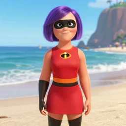 realistic photo of Violet Parr from The Incredibles in a two-piece dress at the beach