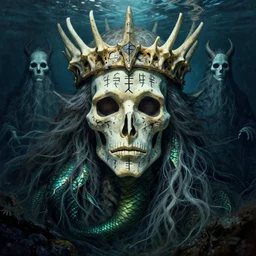 viking north druid lich mermaid king wise old man god of death witch pagan face portrait, underwater, covered in runes, crown made of bones, necromancer, zdzisław beksinski, mikhail vrubel, hr giger, gustav klimt, symmetry, mystical occult symbol in real life, high detail