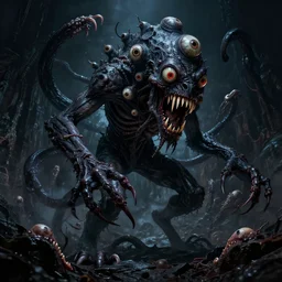 void nightmare creature with many teeth many eyes long black body with many tentacles lashing out to grab victims, dark background, harsh lighting, scary, h. r. giger