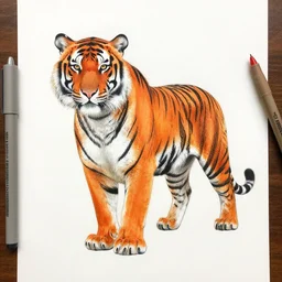 very good drawing of a tiger colored in felt tip pen in orange