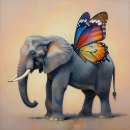 painting of hybrid between elephant & butterfly, intercrossed animal, mixture animal, by tiffany bozic, by zdzislaw beksinski, by vladimir kush, cold hue's, warm tone gradient background, concept art, beautiful composition, digital painting