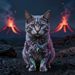 Aesthetic cat with liquid metal fur, Background, volcanic landscape, volcanic eruptions , Panorama, Ultra-HD, Candoluminescence, Shimmering, Anodized Titanium