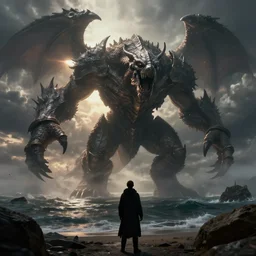 looking up at tarrasque on the coast in the middle of a cataclysm, dramatic lighting, d & d, epic, fantasy, artstation, 4 k