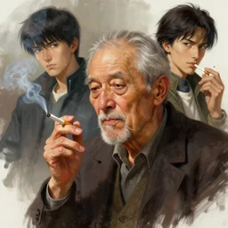 an old man can't stop smoking cigarettes, digital painting, masterpiece by rembrandt and thomas kinkade and frank frazetta and kentaro miura, by reiq and tite kubo, stylized yet realistic faces and anatomy, advanced lighting technology, beautiful, gorgeous brush strokes