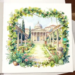 delicate garden on paper floating puffy vines botanical herbarium botanic watercolors iridescent 8 k wide angle realistic artstation italian rainbow neoliberty architecture pompeii temple