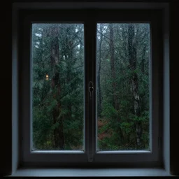 a window with a view of a rainy european forest outside,it's getting dark