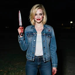 loish, artgerm, Joshua Middleton art, pretty female Alison Brie serial killer holding bloody knife in right hand with five fingers, blood on clothes and face, sarcastic smile, symmetrical eyes, symmetrical face, full body, jean jacket, jeans, short blonde hair, middle shot, night time, deep blacks