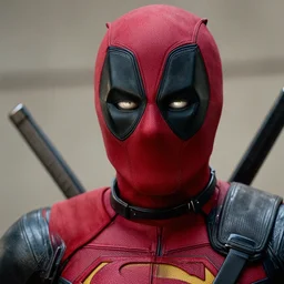 film still of deadpool as superman in the new superman movie, wearing superman costume, 4 k, highly detailed face, detailed eyes