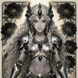 ana de armas as a young female mythical mayan mecha tribal warrior girl, goddess of obsidian diamonds and black peonies, with long curly, light hair, perfectly proportioned face, wearing a robot armor from anthem, brown eyes, sweet smile, strong jawline, natural lighting, path traced, god rays, highly detailed, art nouveau, high quality, cartoon, digital painting, by new haicheng studio ghibli and riccardo federici and alphonse mucha bouguereau and donato giancola, muted colors