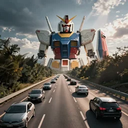 photo of cars on the freeway with a gundam in the background