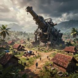 a machine from horizon forbidden west attacking a kerala village, an epic fantasy, dramatic lighting, cinematic, establishing shot, extremely high detail, photorealistic, cinematic lighting, artstation, by simon stalenhag, shadow of the tomb rider