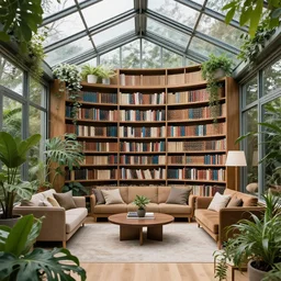 beautiful home library in a glass conservatory, elegant, plants, interior design