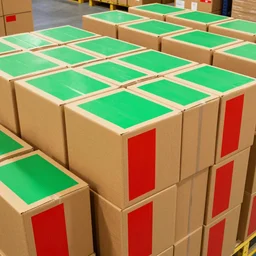 a picture of a warehouse full of boxes with green patches over the top of each one and red patches over the sides of each one