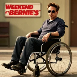 robert downey jr. starring in weekend at bernie's. movie poster. comedic. cinematic lighting. robert downey jr. with dark sunglasses slumped in a wheelchair.