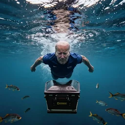 photograph of joe biden, joe biden under the water, coffin pose, photographed by the national geographic, cinematic lighting, beautiful, photograph, joe biden in his natural habitat, wet, swimming towards camera, water light ripple, scary, a school of joe biden