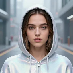 A hyper realistic and detailed head portrait photography of Lea Seydoux in an iridescent hoodie on a futuristic street. by Annie Leibovitz. Neo noir style. Cinematic. neon lights glow in the background. Cinestill 800T film. Lens flare. Helios 44m