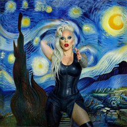 A painting of Lady gaga in the style of Vincent van Gogh, starry night, blue yellow. perfectly-centered-painting of Lady Gaga, film still, dynamic action pose, insane detail, intricate, highly detailed, Zeiss Lens, DSLR photography, smooth, sharp focus, 8K
