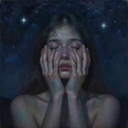 painting with the title i felt restlessness lurking behind the stars. i felt restlessness engorging matter and my heart. intense emotional feeling, surrealistic, poetic, night colors