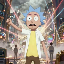 morty, beautiful details, wide angle action shot, photorealistic, high end design, 8 k, octane render, neo tokyo nuclear holocaust background, mist, ornate, lasers, volumetric lighting - h 1 2 0 0