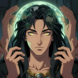 Character portrait, face close up: Demiurge god with four hands. Maker of Worlds. In the style of Samwise Didier