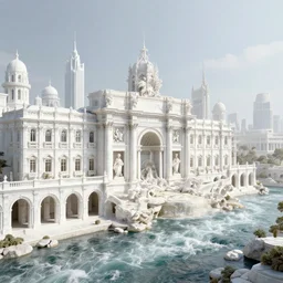 utopian city made out of glistening white marble, fusion between gothic and modern architecture, highly detailed matte painting, 4k HD, river rapids, flowing water, royal arches