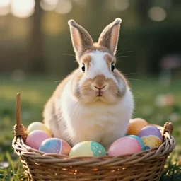 a 3 5 mm photo of a holland lop sitting in an easter basket full of colorful easter eggs, bokeh, canon 5 0 mm, cinematic lighting, film, photography, golden hour, depth of field, award - winning, art by greg rutkowski, maxfield parrish and alphonse mucha