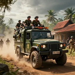 a militarized police vehicle riding through a kerala village, furious action scene, an epic fantasy, dramatic lighting, cinematic, establishing shot, extremely high detail, photorealistic, cinematic lighting, artstation, matte painting, octane render, hdr, by simon stalenhag, horizon forbidden west